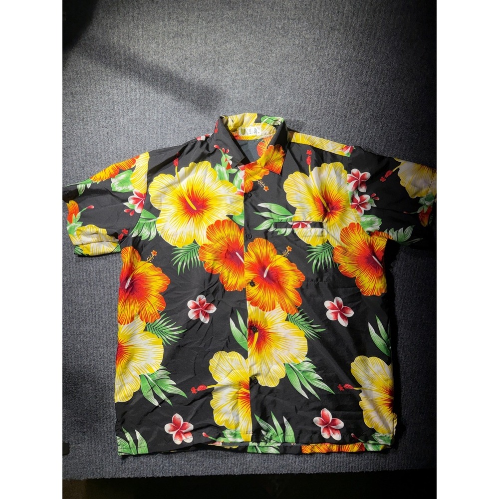 V.H.O. Mens XL Tropical Hibiscus Floral Hawaiian Shirt Black Terivoile Short Slv